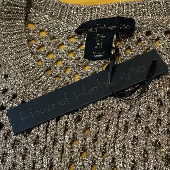 NWT House of Harlow Curve Hugging Net Crochet Knit 52" Long Dress in Gold sz S - Picture 4 of 4